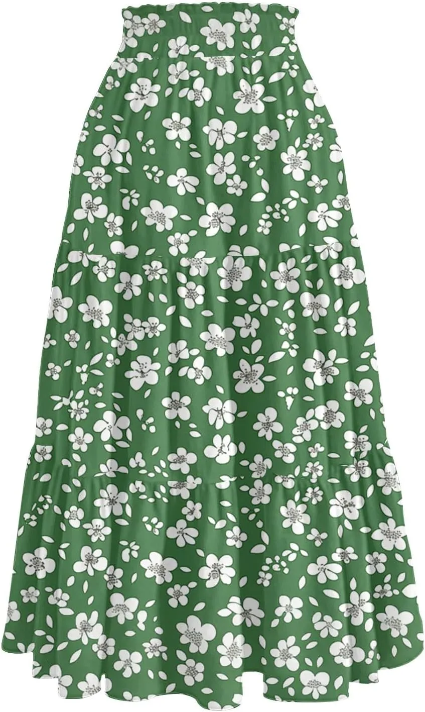 Summer Boho Floral Midi Skirt for Women Comfy Tiered Elastic High Waisted Vacation A-Line Flowy Swing Long