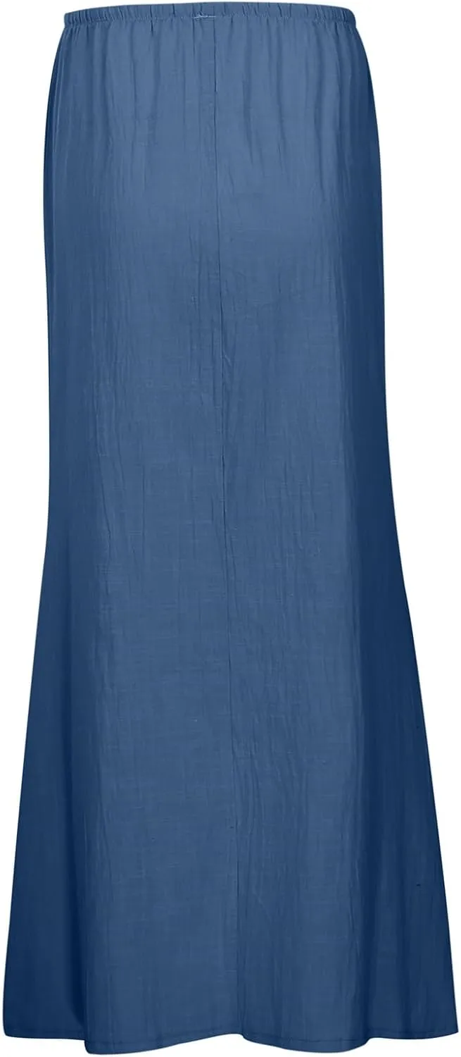 Summer Boho Linen Skirts for Women Casual Loose Maxi Length Drawstring Low Rise A-Line Flowy Long Beach Skirt