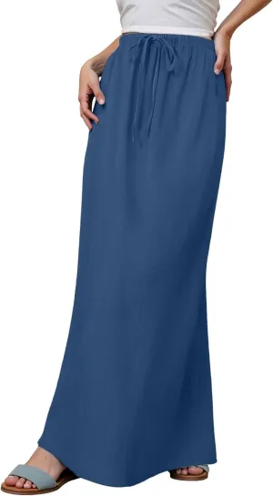 Summer Boho Linen Skirts for Women Casual Loose Maxi Length Drawstring Low Rise A-Line Flowy Long Beach Skirt