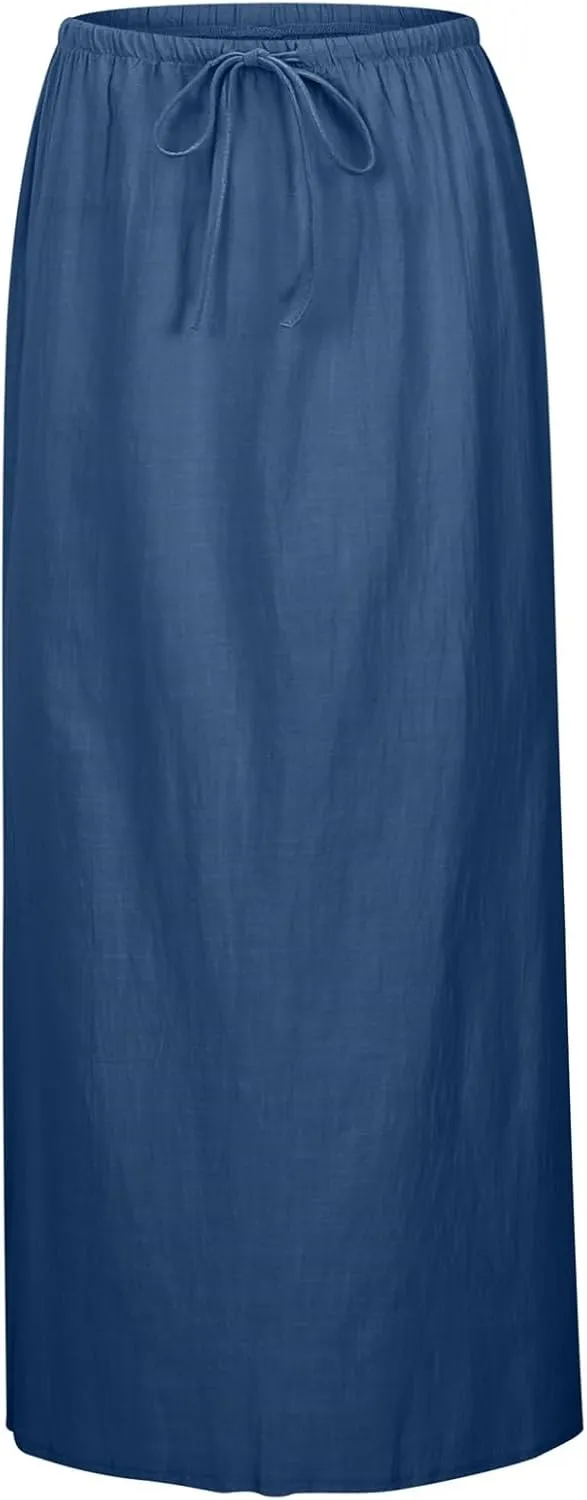 Summer Boho Linen Skirts for Women Casual Loose Maxi Length Drawstring Low Rise A-Line Flowy Long Beach Skirt