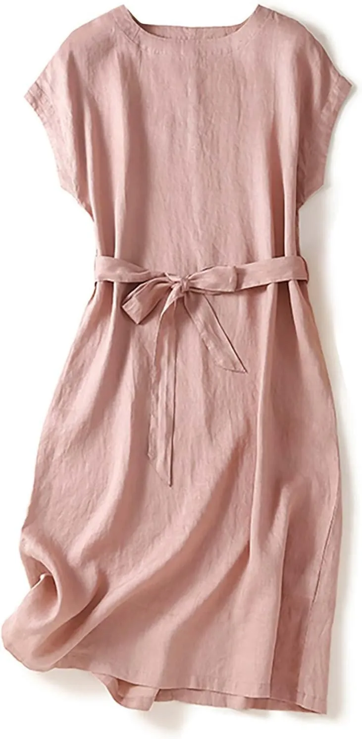 Summer Cap Sleeve Shirt Dress for Women Plain Boat Neck Flowy Belted Tunic Dresses Casual Office Beach Sundress 2024