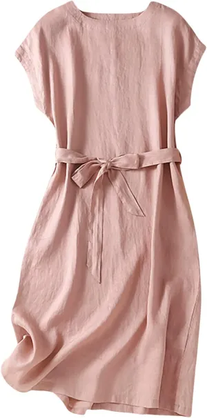 Summer Cap Sleeve Shirt Dress for Women Plain Boat Neck Flowy Belted Tunic Dresses Casual Office Beach Sundress 2024