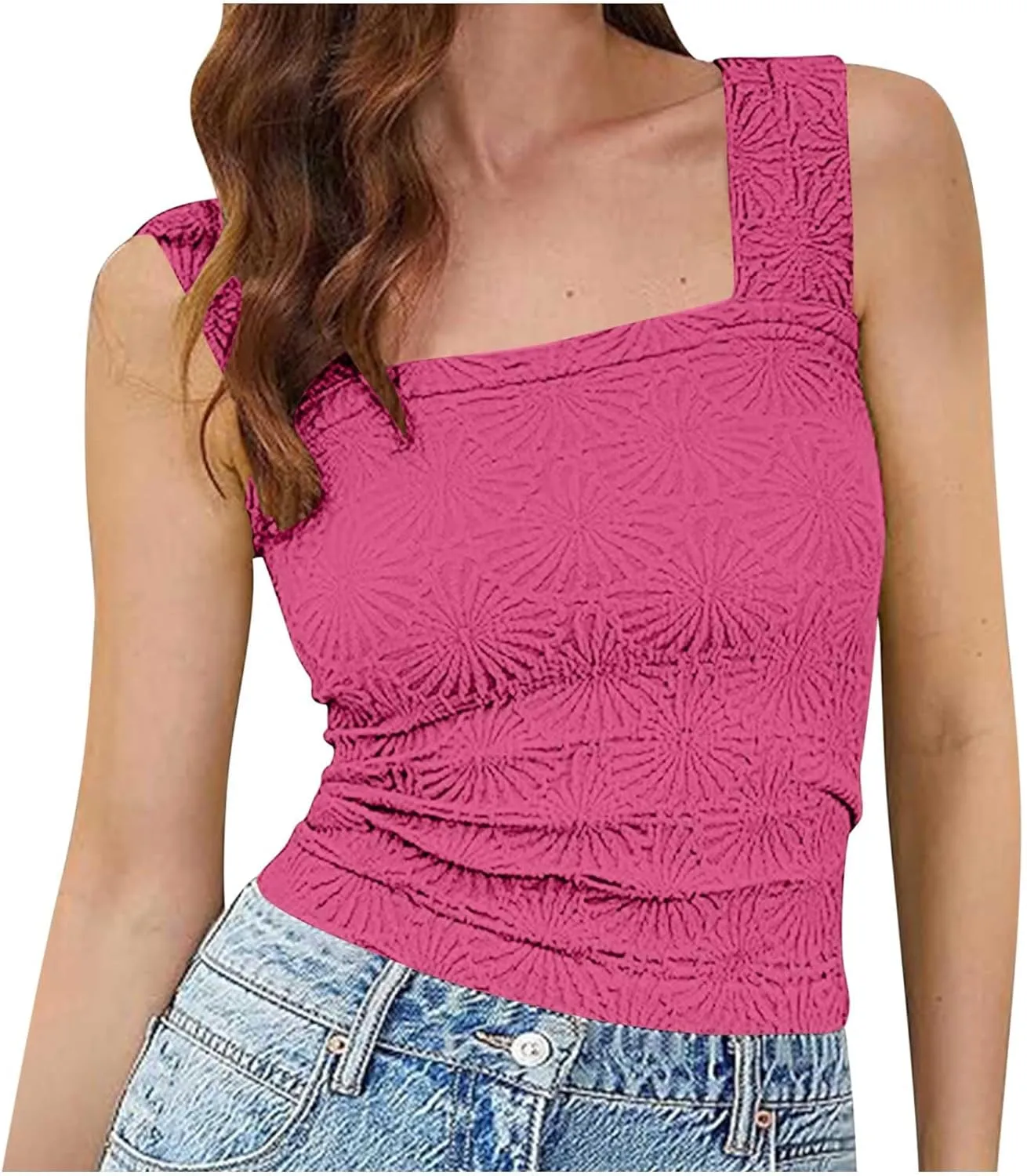 Summer Crop Tops Sexy Square Neck Tank Top Women Cute Floral Going Out Shirts Slim Fit Cropped Cami Blouse