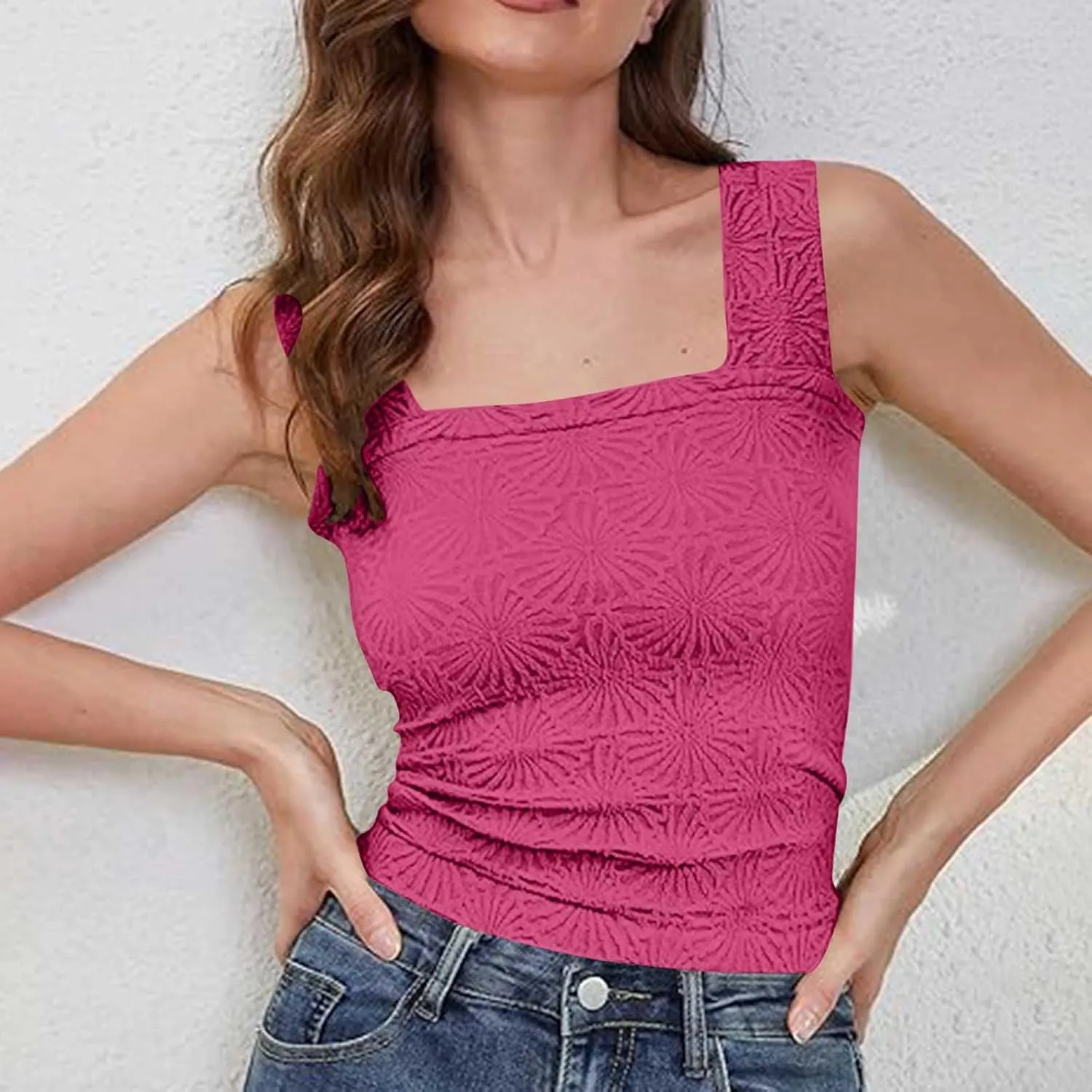 Summer Crop Tops Sexy Square Neck Tank Top Women Cute Floral Going Out Shirts Slim Fit Cropped Cami Blouse