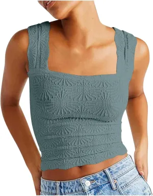 Summer Crop Tops Sexy Square Neck Tank Top Women Cute Floral Going Out Shirts Slim Fit Cropped Cami Blouse