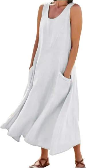Summer Dress for Women 2025 Plus Size Sundress Floral Crewneck Sleeveless Dress Cotton Linen Beach Dress with Pockets