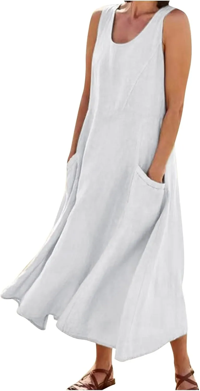 Summer Dress for Women 2025 Plus Size Sundress Floral Crewneck Sleeveless Dress Cotton Linen Beach Dress with Pockets