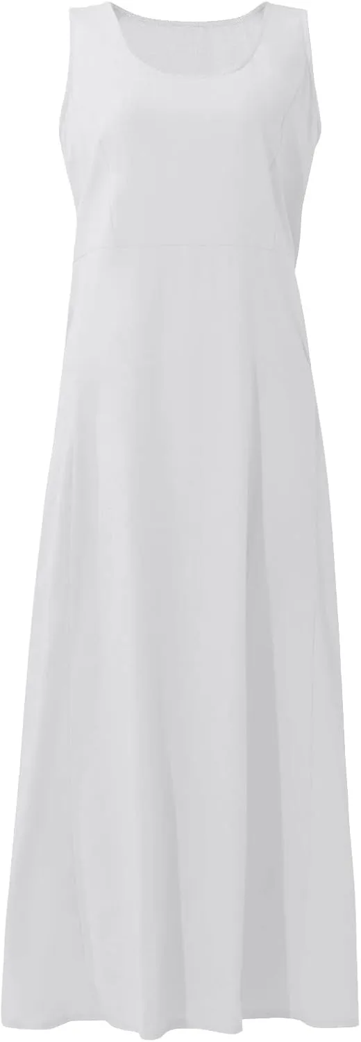 Summer Dress for Women 2025 Plus Size Sundress Floral Crewneck Sleeveless Dress Cotton Linen Beach Dress with Pockets