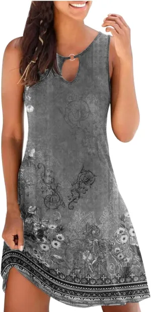 Summer Dresses for Women 2024 Casual Floral Printed Beach Dresses Loose Flow Midi Dress Sleeveless Tank Sun Dress