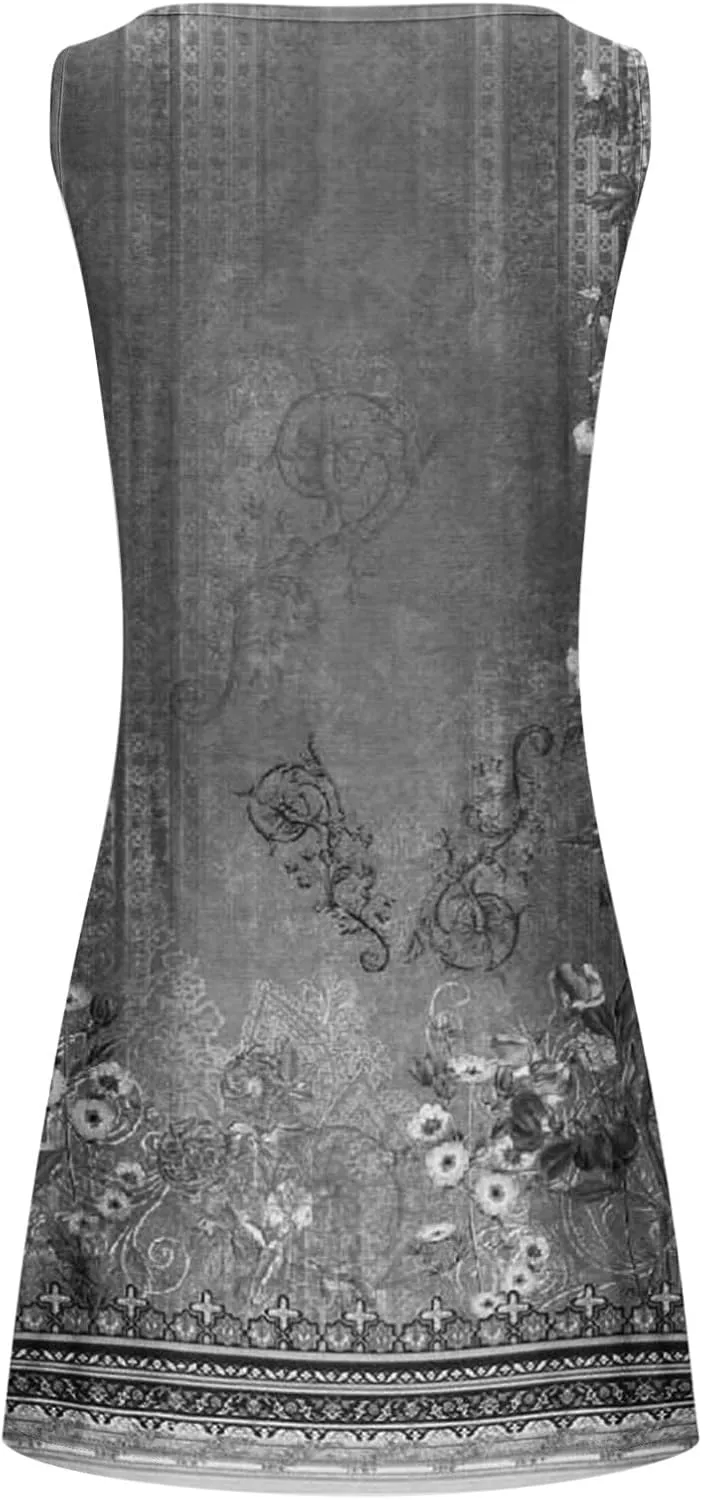 Summer Dresses for Women 2024 Casual Floral Printed Beach Dresses Loose Flow Midi Dress Sleeveless Tank Sun Dress