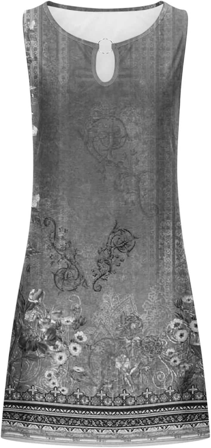 Summer Dresses for Women 2024 Casual Floral Printed Beach Dresses Loose Flow Midi Dress Sleeveless Tank Sun Dress