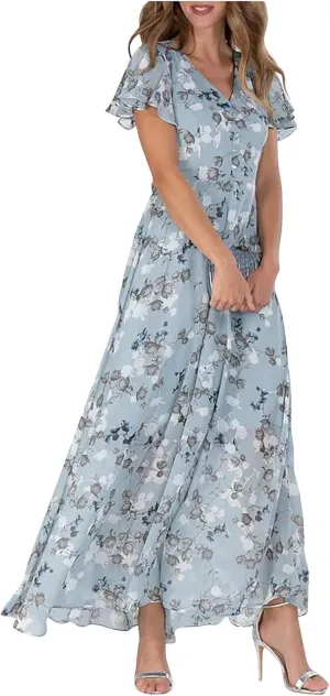 Summer Dresses for Women 2024 V Neck Ruffled Sleeve Flowy Fashion Boho Elegant Cocktail Elegant Maxi Dress S-2XL