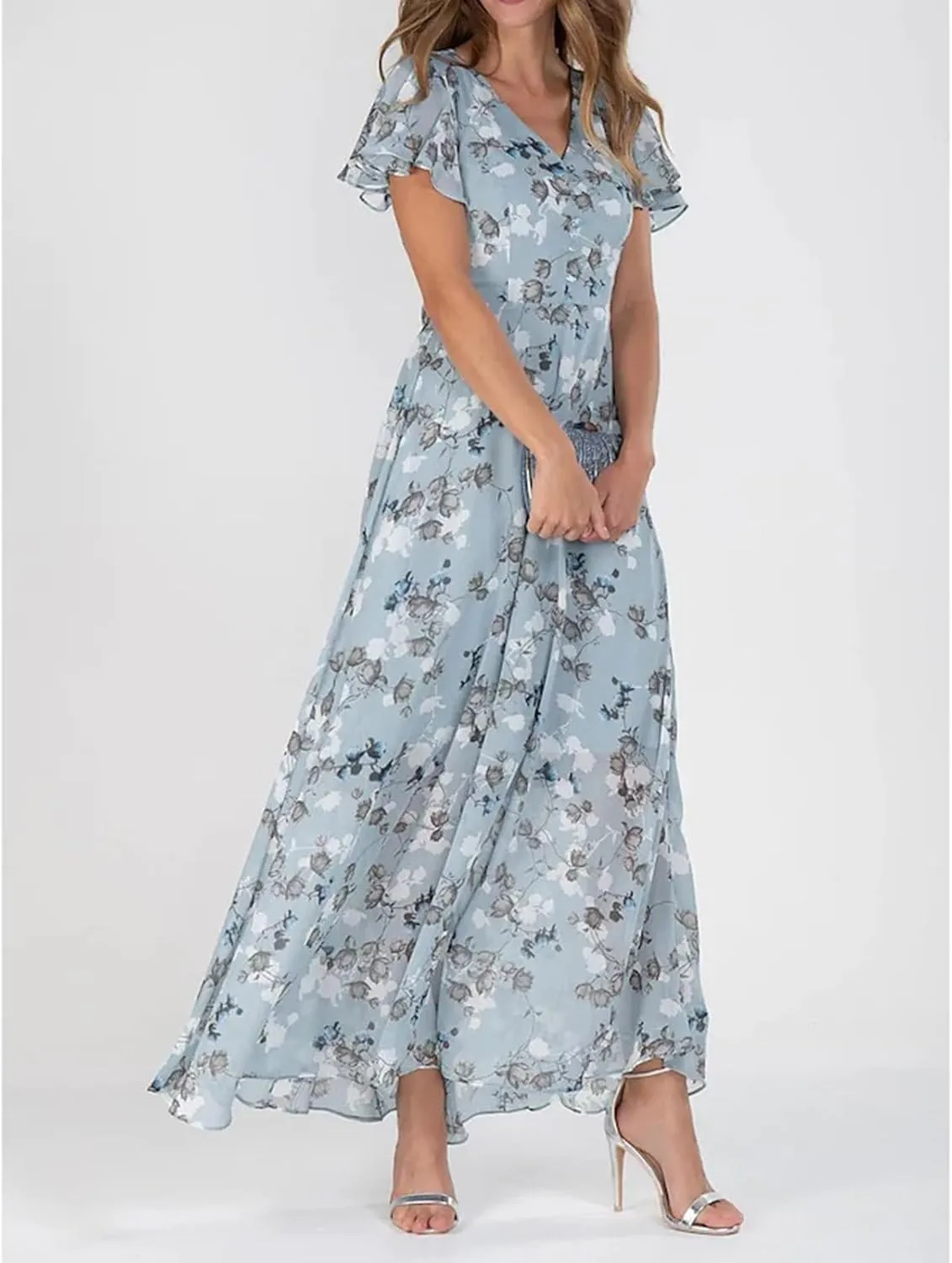 Summer Dresses for Women 2024 V Neck Ruffled Sleeve Flowy Fashion Boho Elegant Cocktail Elegant Maxi Dress S-2XL