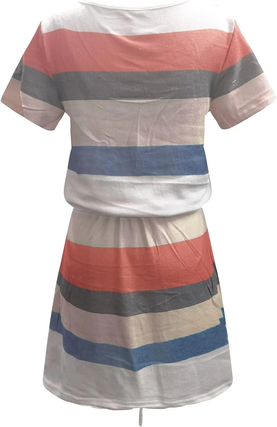 Summer Dresses for Women 2024 Vacation Casual Short Sleeve v Neck Drawstring Mini Dress Striped Tshirt Dress