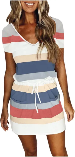 Summer Dresses for Women 2024 Vacation Casual Short Sleeve v Neck Drawstring Mini Dress Striped Tshirt Dress