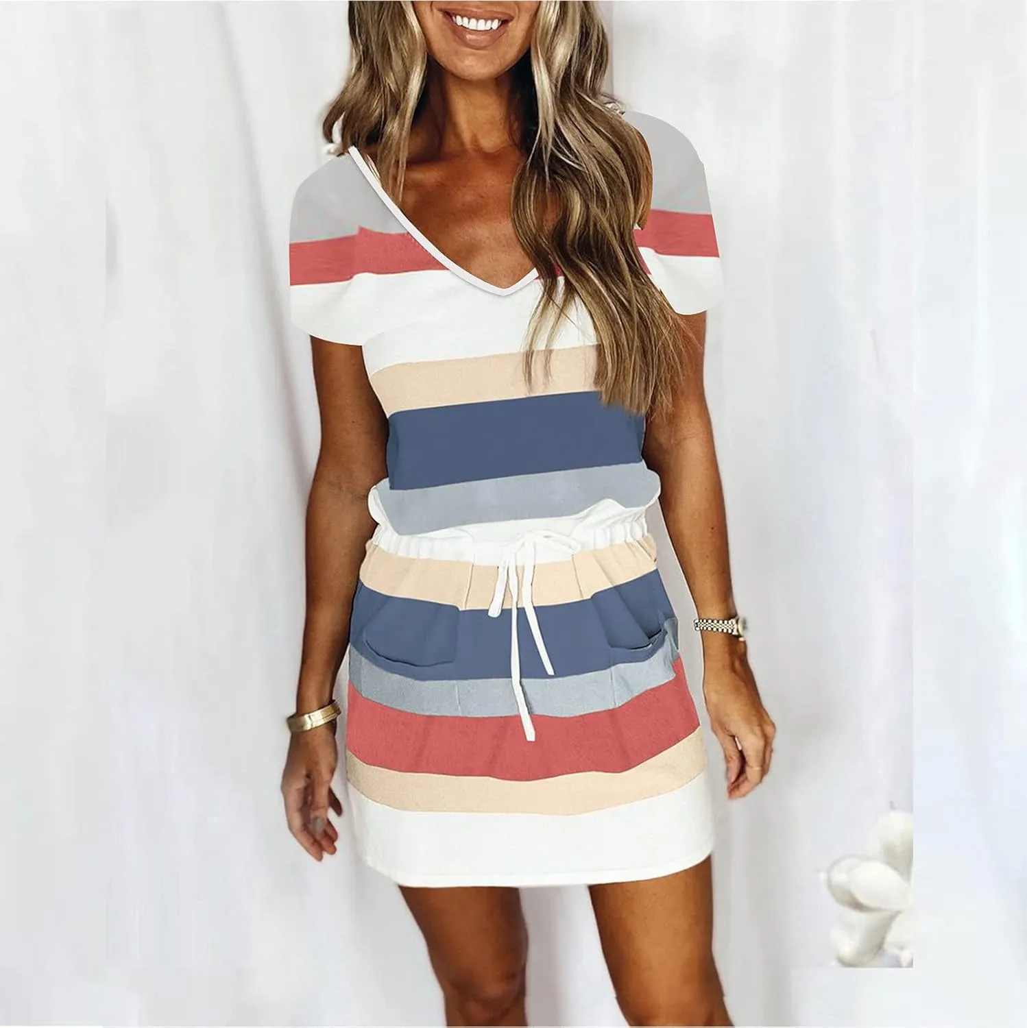 Summer Dresses for Women 2024 Vacation Casual Short Sleeve v Neck Drawstring Mini Dress Striped Tshirt Dress