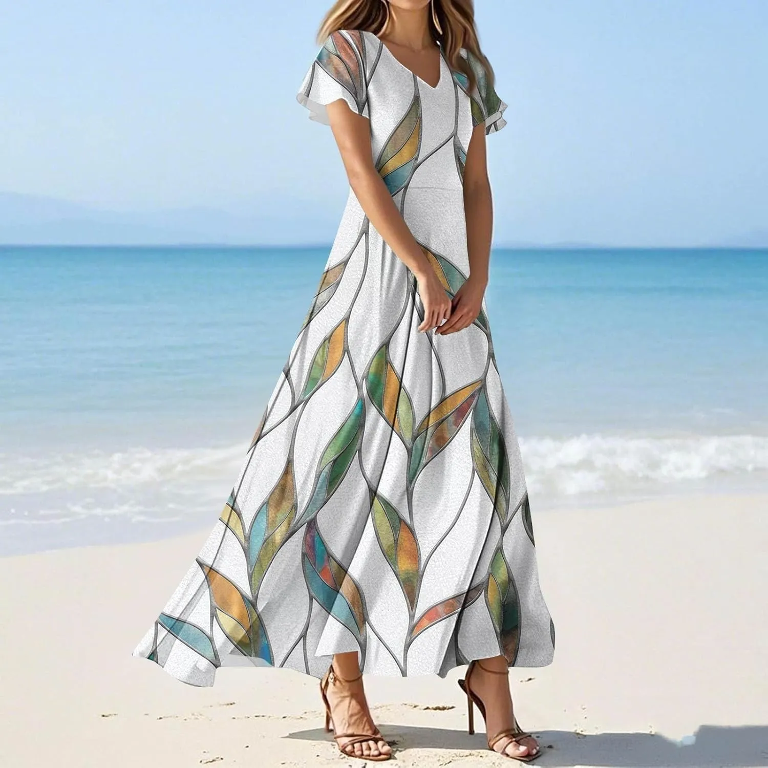 Summer Dresses for Women 2025 Elegant Classy Flowy Ruffle Swing V Neck A Line Dress Casual Boho Long Maxi Sundresses