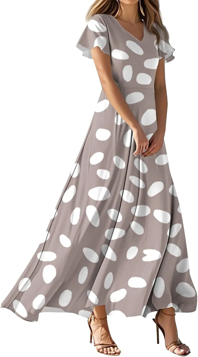 Summer Dresses for Women 2025 Elegant Classy Flowy Ruffle Swing V Neck Church Dress Casual Vacation Long Sundresses
