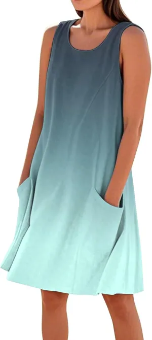 Summer Dresses for Women 2025 Round Neck Short Sleeve Cotton Linen Dress Beach Vacation Sundresses with Pockets