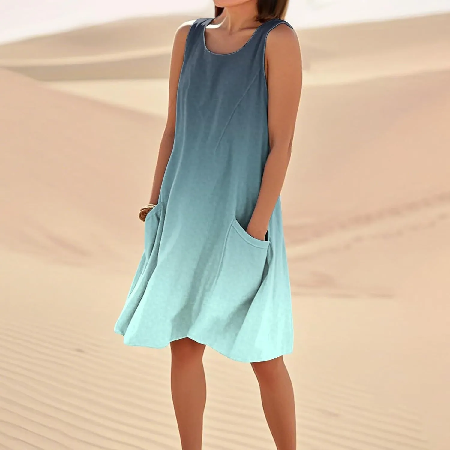 Summer Dresses for Women 2025 Round Neck Short Sleeve Cotton Linen Dress Beach Vacation Sundresses with Pockets