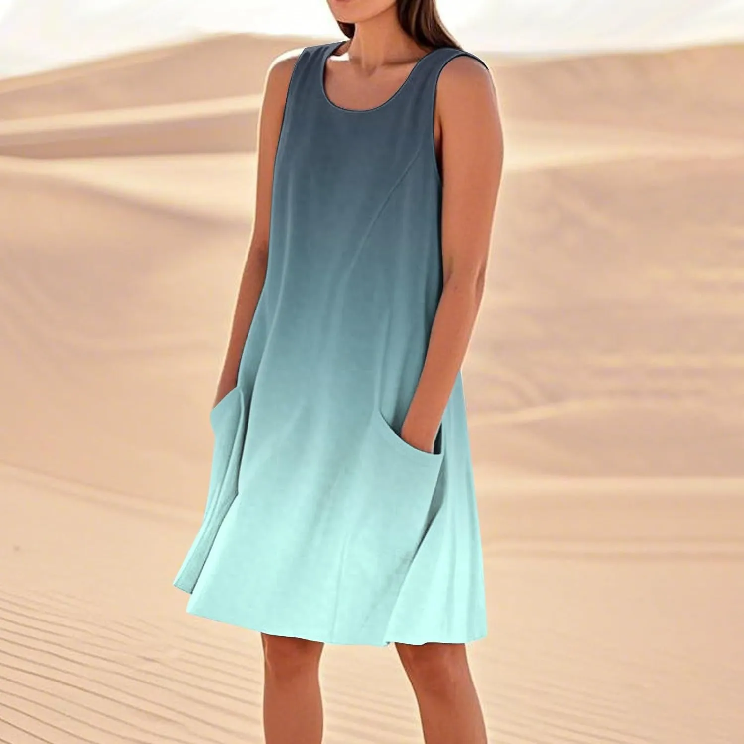 Summer Dresses for Women 2025 Round Neck Short Sleeve Cotton Linen Dress Beach Vacation Sundresses with Pockets