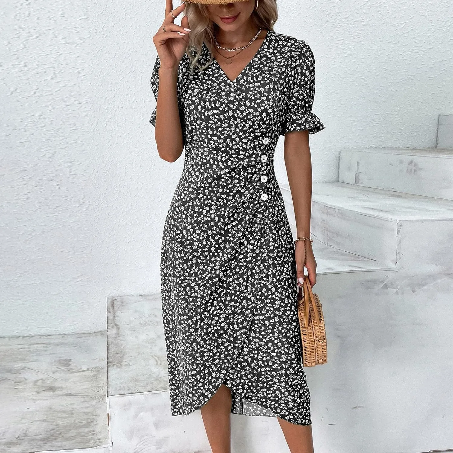 Summer Dresses for Women 2025 Trendy Boho Dress Elegant Beach V Neck Short Sleeve Irregular Hem Midi Sundresses