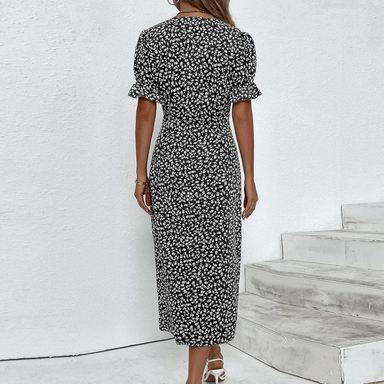 Summer Dresses for Women 2025 Trendy Boho Dress Elegant Beach V Neck Short Sleeve Irregular Hem Midi Sundresses