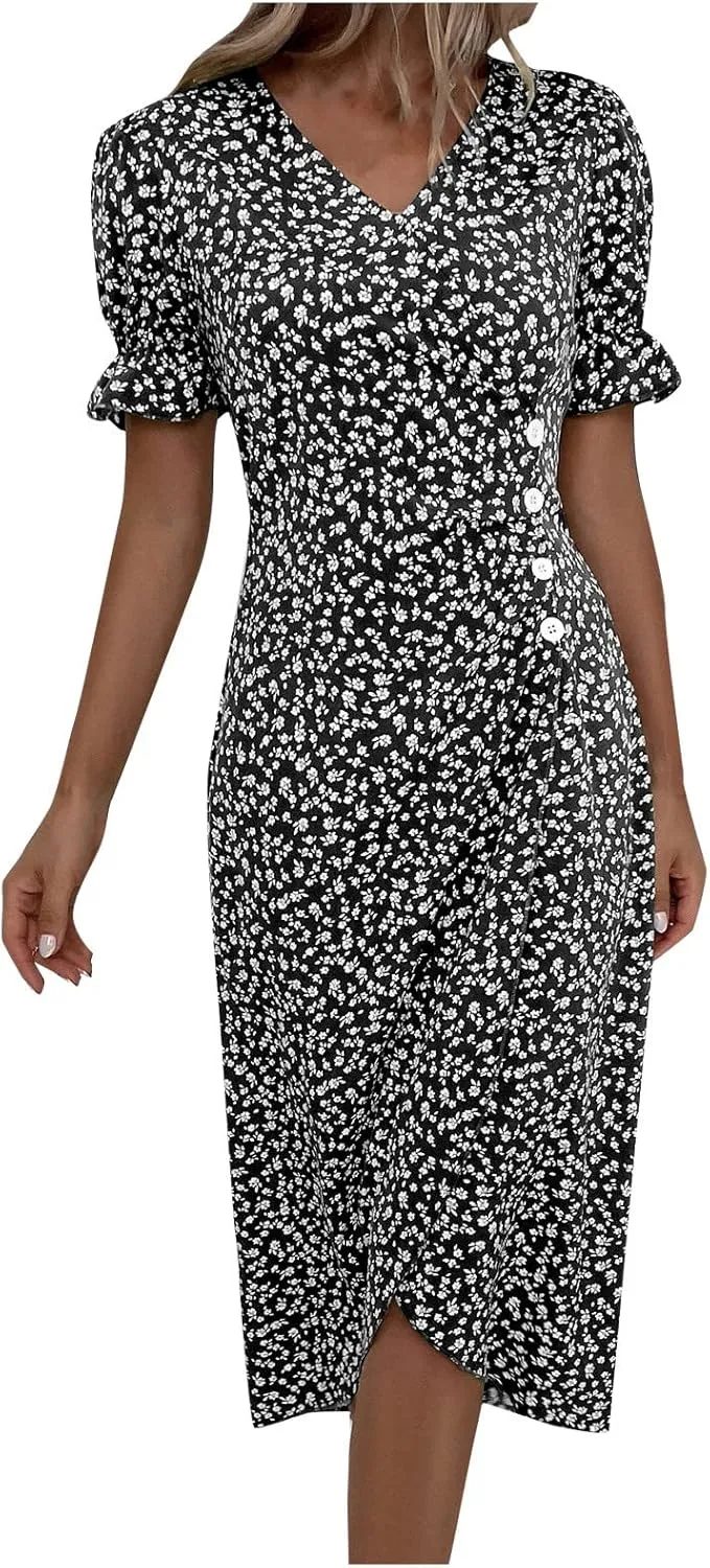 Summer Dresses for Women 2025 Trendy Boho Dress Elegant Beach V Neck Short Sleeve Irregular Hem Midi Sundresses
