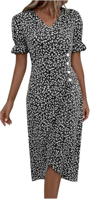 Summer Dresses for Women 2025 Trendy Boho Dress Elegant Beach V Neck Short Sleeve Irregular Hem Midi Sundresses