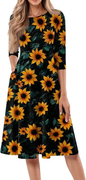 Summer Dresses for Women Aline Flowy Tshirt Dress Casual Floral 3/4 Sleeve Dress Beach Midi Dresses with Pockets