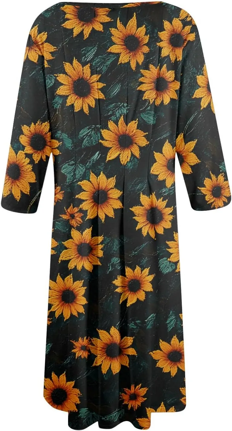 Summer Dresses for Women Aline Flowy Tshirt Dress Casual Floral 3/4 Sleeve Dress Beach Midi Dresses with Pockets
