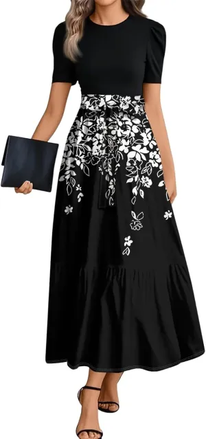 Summer Dresses for Women Elegant High Waist Maxi Dress Flowy Casual Long Dress A-Line Floral Printrd Dress with Belt