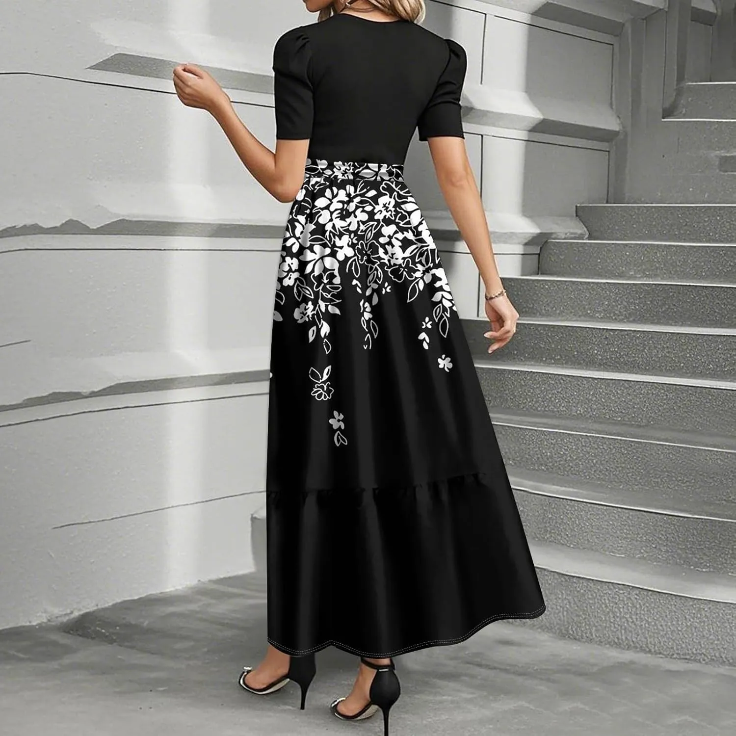 Summer Dresses for Women Elegant High Waist Maxi Dress Flowy Casual Long Dress A-Line Floral Printrd Dress with Belt