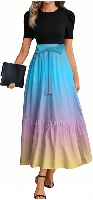 Summer Dresses for Women Floral Print Flowy Dress Patchwork Empire Waist Short Sleeve Dress Tie Belted Maxi Dress
