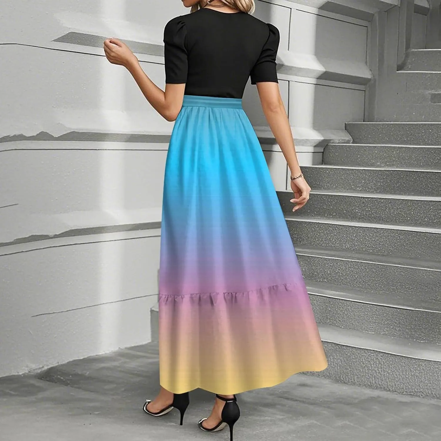 Summer Dresses for Women Floral Print Flowy Dress Patchwork Empire Waist Short Sleeve Dress Tie Belted Maxi Dress