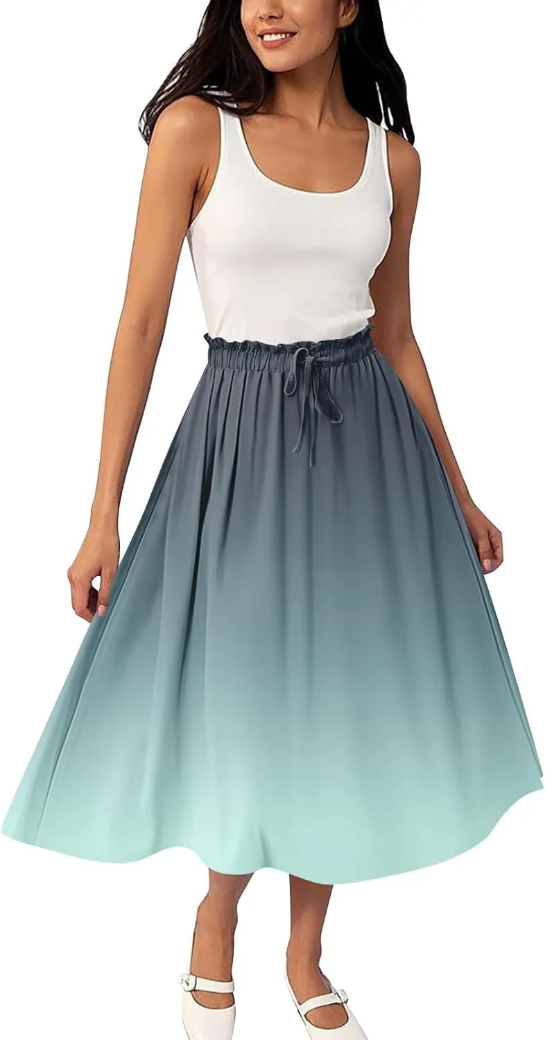 Summer Midi Skirts for Women 2025 Drawstring Elastic Waist Calf Length Skirts Pleated A-Line Polka Dots Boho Skirt