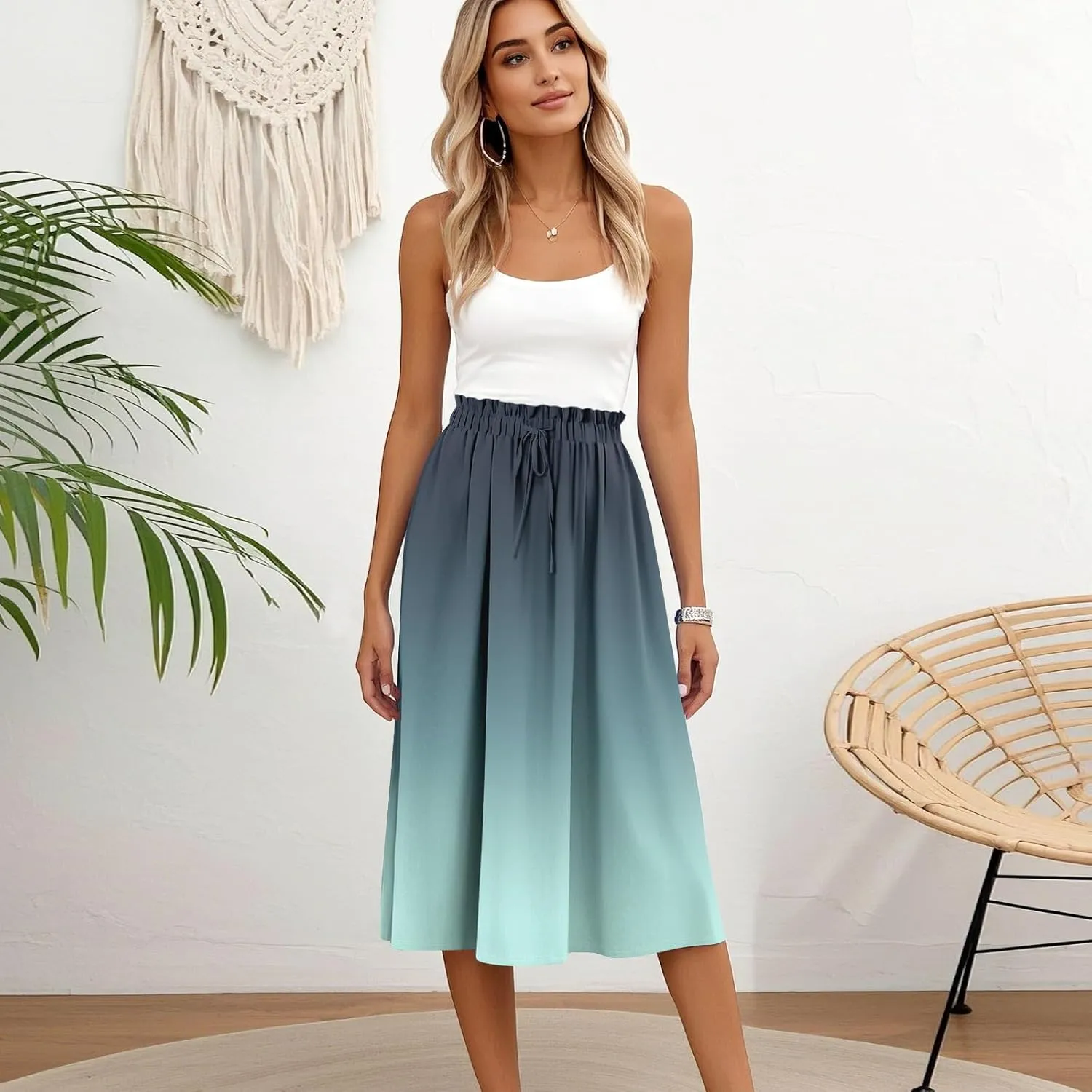 Summer Midi Skirts for Women 2025 Drawstring Elastic Waist Calf Length Skirts Pleated A-Line Polka Dots Boho Skirt