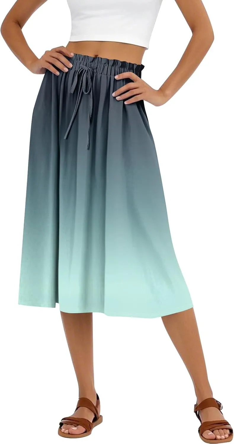 Summer Midi Skirts for Women 2025 Drawstring Elastic Waist Calf Length Skirts Pleated A-Line Polka Dots Boho Skirt