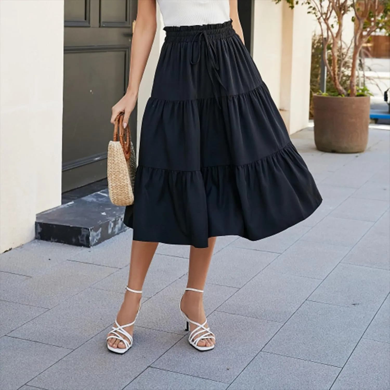Summer Skirt for Women Comfy Tiered Elastic High Waisted Pleated Skirts Vacation A-Line Flowy Swing Long Skirts