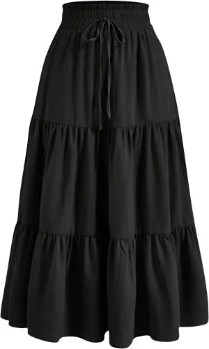 Summer Skirt for Women Comfy Tiered Elastic High Waisted Pleated Skirts Vacation A-Line Flowy Swing Long Skirts