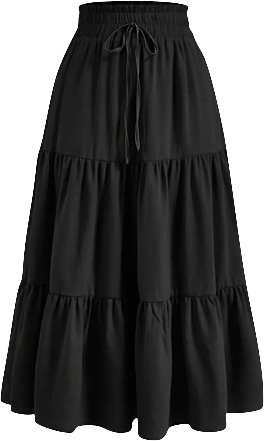 Summer Skirt for Women Comfy Tiered Elastic High Waisted Pleated Skirts Vacation A-Line Flowy Swing Long Skirts