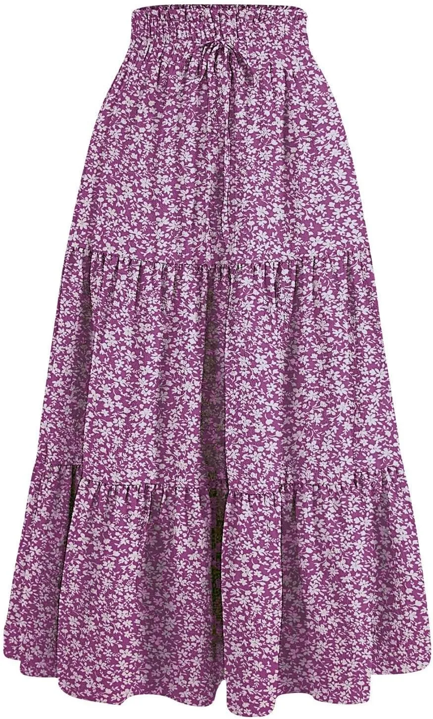 Summer Skirts for Women 2025 Boho Casual Pleated High Waisted Floral Midi Skirt Elastic Tie Knot Flowy A line Skirts