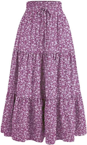 Summer Skirts for Women 2025 Boho Casual Pleated High Waisted Floral Midi Skirt Elastic Tie Knot Flowy A line Skirts