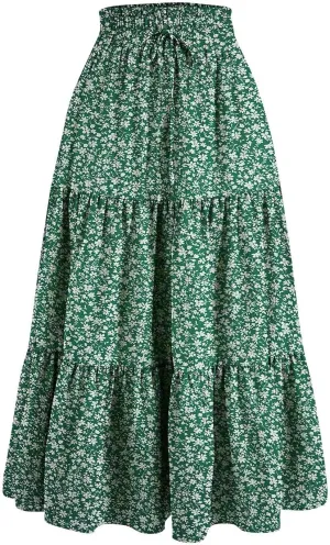 Summer Skirts for Women 2025 Boho Casual Pleated High Waisted Floral Midi Skirt Elastic Tie Knot Flowy A line Skirts