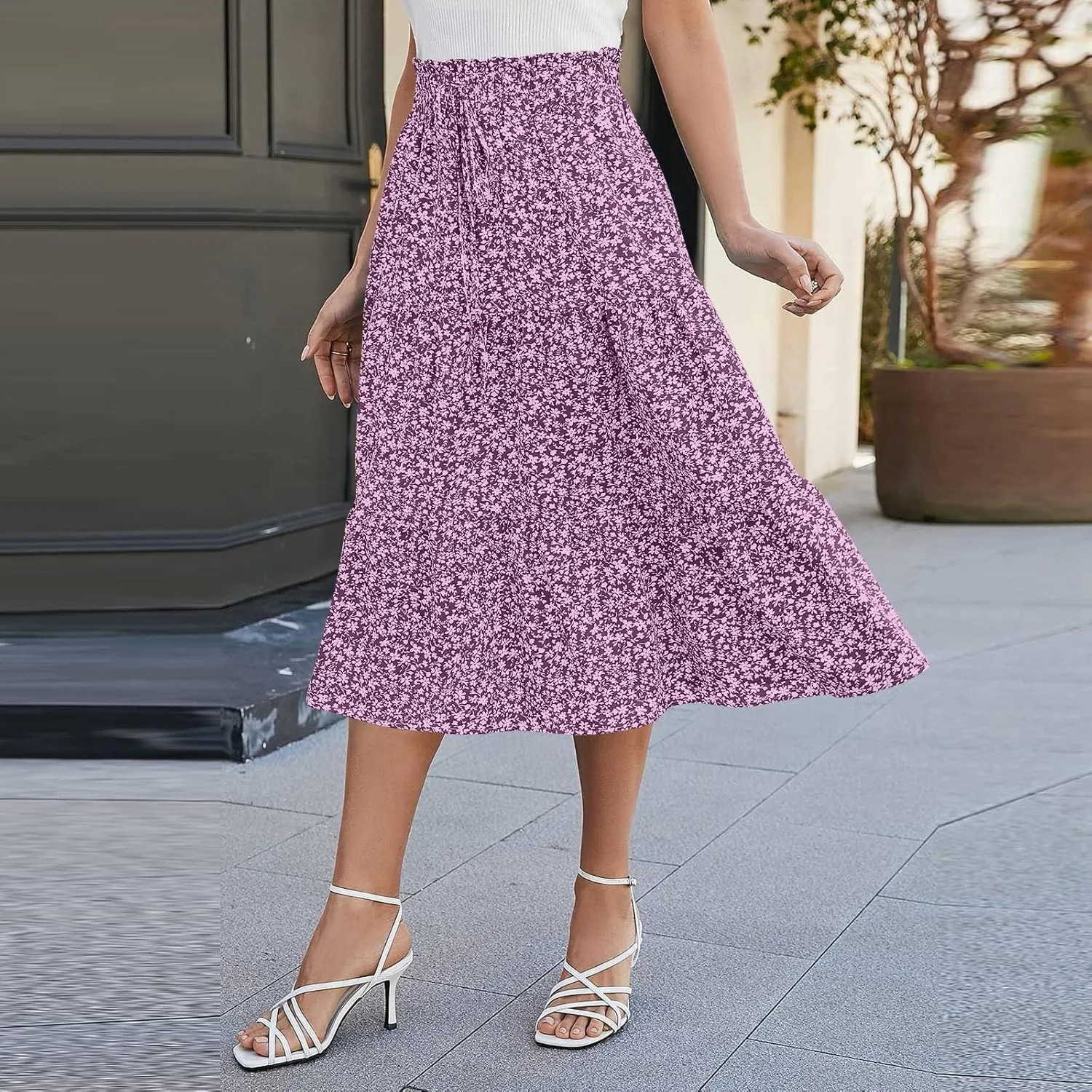 Summer Skirts for Women 2025 Boho Casual Pleated High Waisted Floral Midi Skirt Elastic Tie Knot Flowy A line Skirts