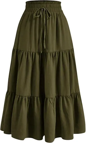 Summer Skirts for Women 2025 Boho Casual Pleated High Waisted Floral Midi Skirt Elastic Tie Knot Flowy A line Skirts