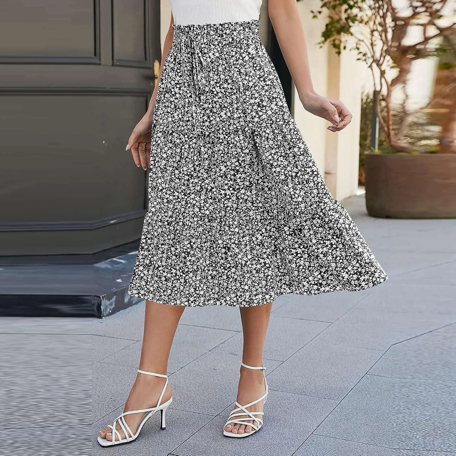 Summer Skirts for Women 2025 Boho Casual Pleated High Waisted Floral Midi Skirt Elastic Tie Knot Flowy A line Skirts