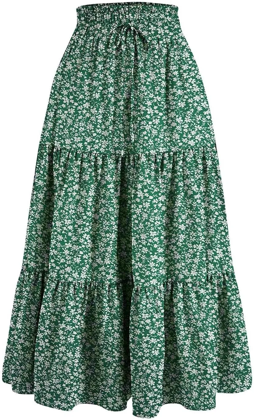 Summer Skirts for Women 2025 Boho Casual Pleated High Waisted Floral Midi Skirt Elastic Tie Knot Flowy A line Skirts
