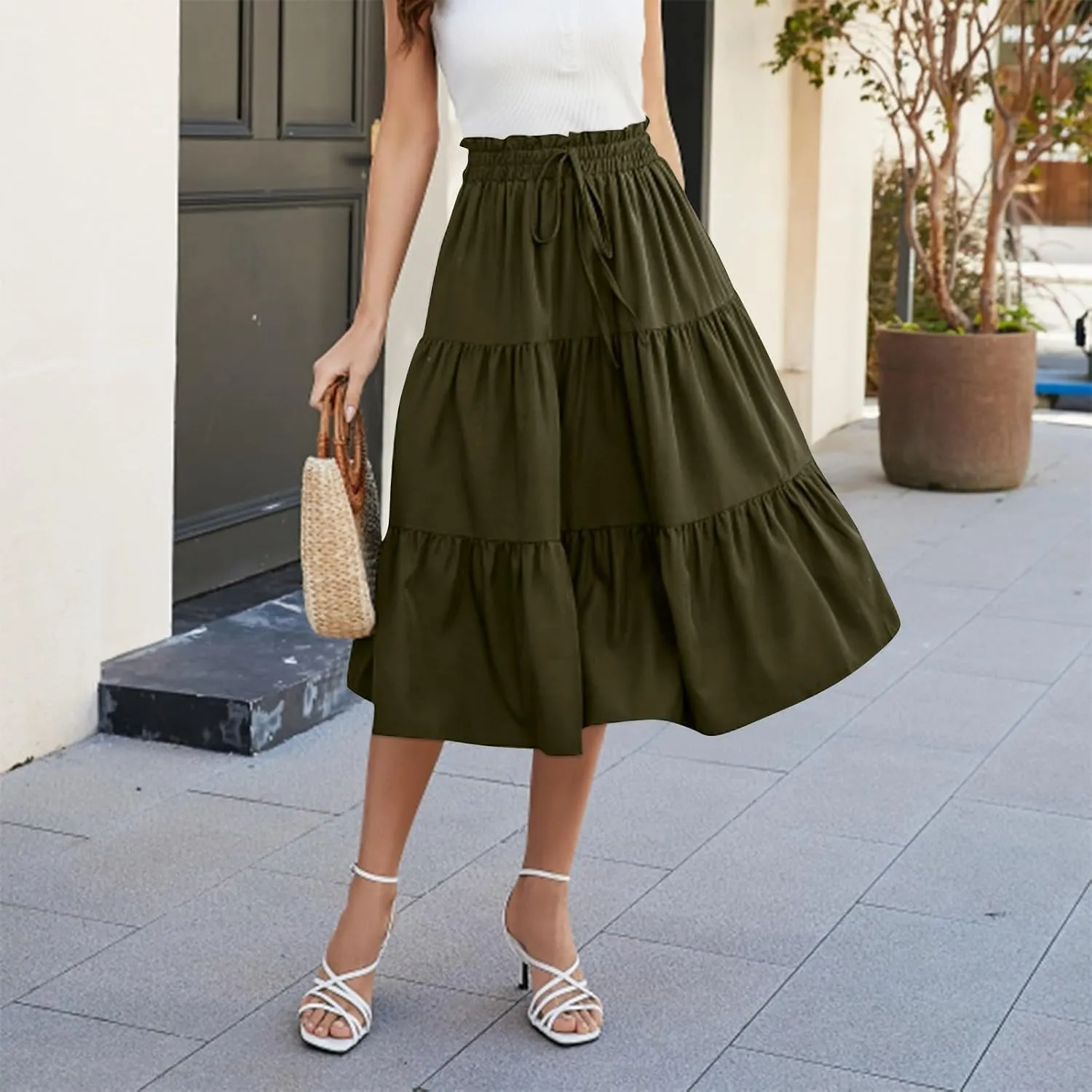 Summer Skirts for Women 2025 Boho Casual Pleated High Waisted Floral Midi Skirt Elastic Tie Knot Flowy A line Skirts