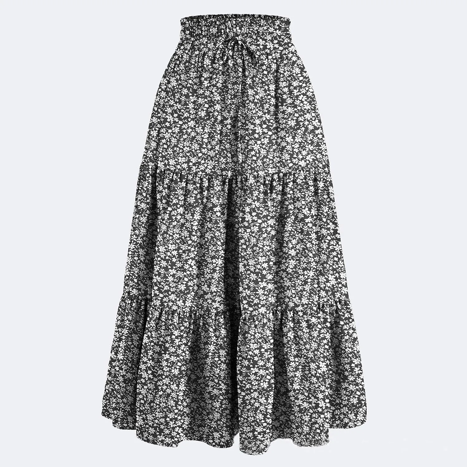 Summer Skirts for Women 2025 Boho Casual Pleated High Waisted Floral Midi Skirt Elastic Tie Knot Flowy A line Skirts